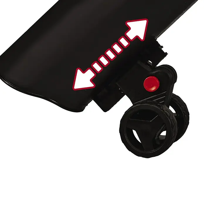 Einhell PXC 18V Soplador/Aspirador de batería 36/230 LI E-SOLO - 18 V, Sin batería, Potencia de soplado: 225 m³/h, Velocidad de soplado: 230 km/h - Vista detallada de un cochecito negro con detalles en rojo y una doble flecha que indica una función de ajuste.