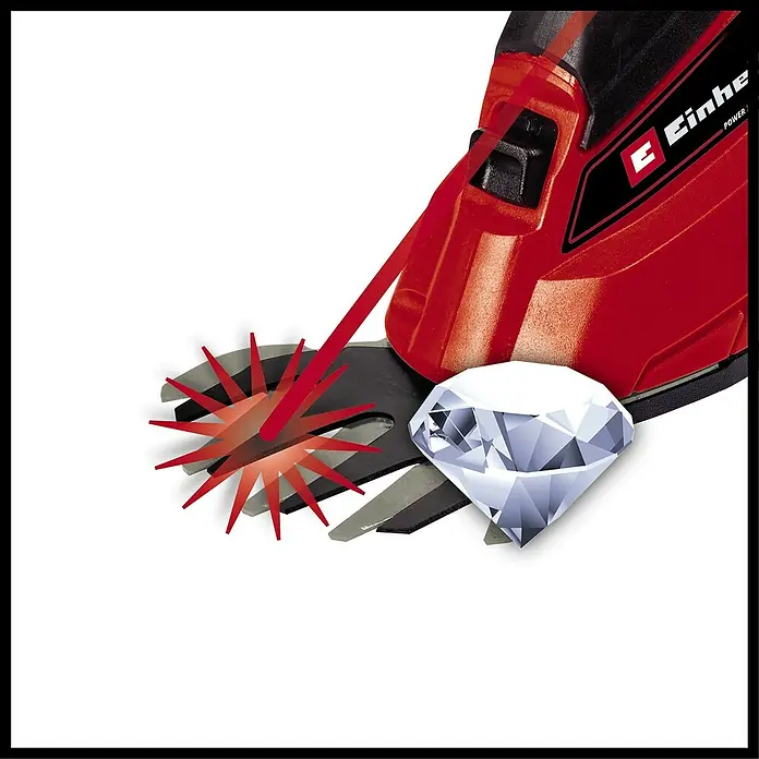 Einhell Power X-Change 18V Akku-Grasschere GE-CG 18/1 LI-SOLO - 18 V, Ohne Akku, Schnittbreite: 100 mm - Nahaufnahme einer Einhell Heckenschere, die einen Diamanten schneidet, Hervorhebung von Präzision und Leistung.