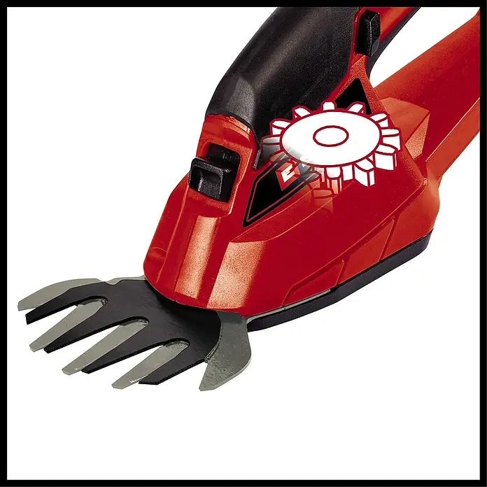 Einhell Power X-Change 18V Akku-Grasschere GE-CG 18/1 LI-SOLO - 18 V, Ohne Akku, Schnittbreite: 100 mm - Detailaufnahme einer roten Akku-Gras- und Strauchschere, die die präzisen Schneideblätter und das ergonomische Design hervorhebt.