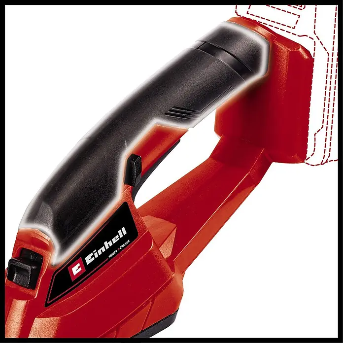 Einhell Power X-Change 18V Akku-Grasschere GE-CG 18/1 LI-SOLO - 18 V, Ohne Akku, Schnittbreite: 100 mm - Detailaufnahme eines roten Einhell Akku-Werkzeugs mit schwarzem Griff und angedeutetem Akku.