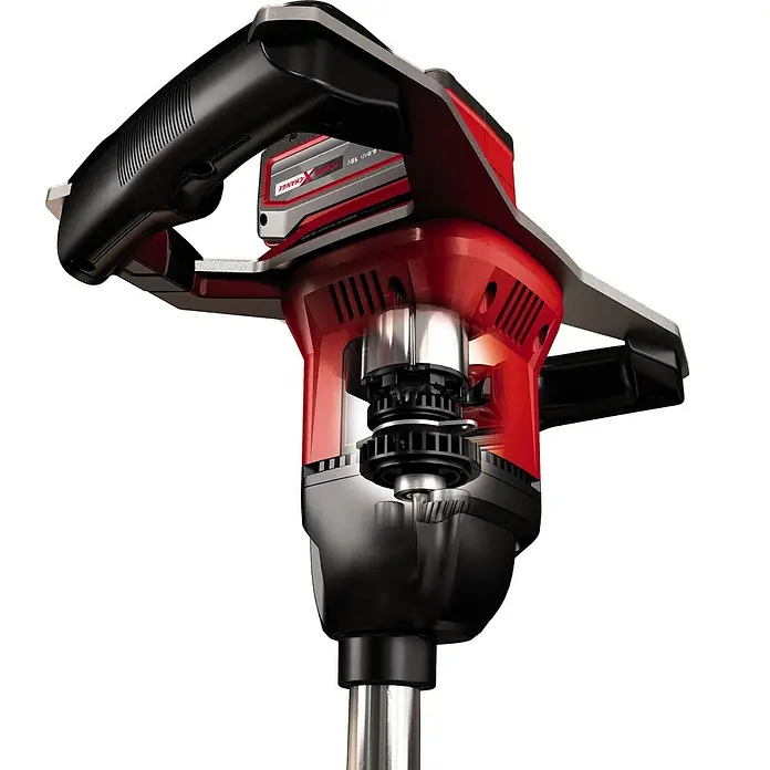 Einhell Professional PXC 18V Taladradora de suelo de batería - 18 V, Sin batería, Diámetro: 150 mm - Primer plano de un mezclador de mortero rojo y negro con sección de engranajes transparente.