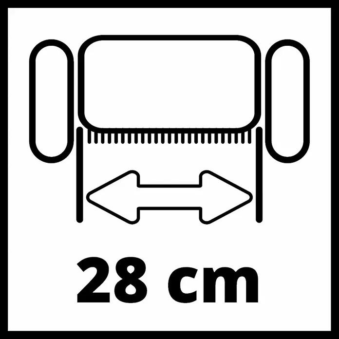 Einhell Power X-Change 18V Akku-Vertikutierer GC-SC 18/28 Li - Anzahl Akkus: 1 Akku, 18 V, Arbeitsbreite: 28 cm - Die grafische Darstellung zeigt die Maße des Produkts, die 28 cm beträgt.