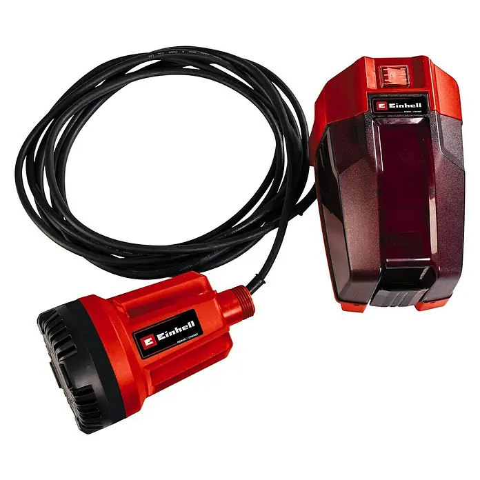 Einhell Power X-Change 18V Akku-Klarwasserpumpe GE-SP 18 Li - 18 V, Ohne Akku, Max. Fördermenge: 5.000 l/h - Bild einer Einhell Akku-Klarwasser-Tauchpumpe GE-PP 18 RB Li-Solo mit rotem Gehäuse und schwarzem Kabel.