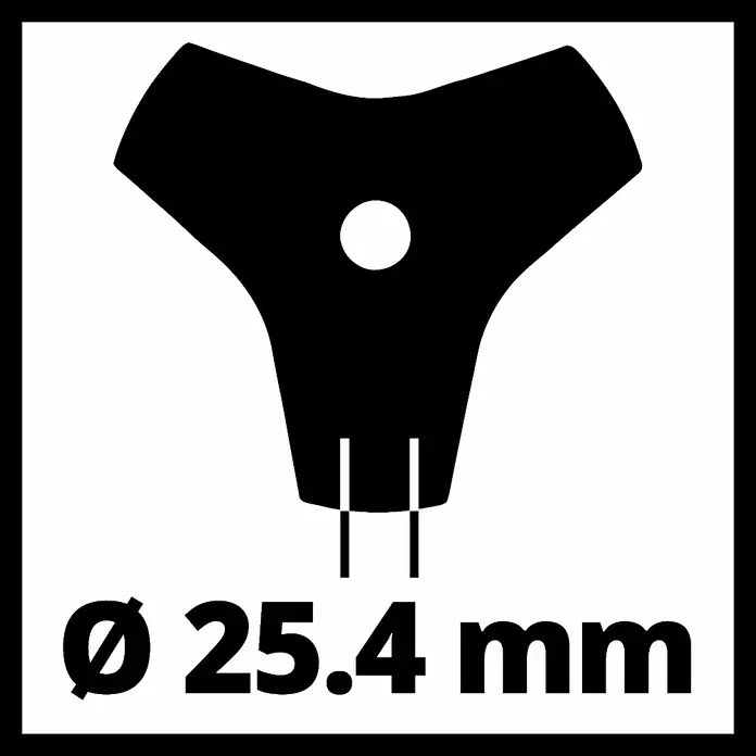Einhell 3-Zahn-Dickichtmesser - 200 mm, Passend für: alle Einhell Sensen - Symbol für ein 25,4 mm Trimmerblatt mit drei Zinken und einem Loch in der Mitte, umrandet mit schwarzem Rahmen.
