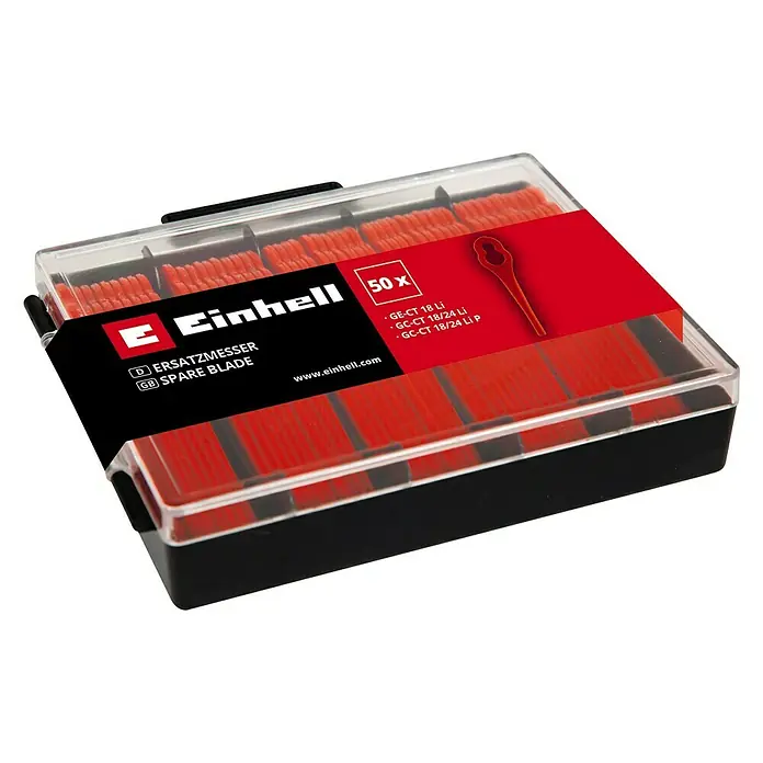 Einhell Ersatzmesser-Set - Passend für: GE-CT 18 li, GC-CT 18/14 Li, GC-CT 18/14 Li P, Gesamtstückzahl: 50 Stk. - Ein Set mit 50 Einhell Ersatzklingen für Rasentrimmer, verpackt in einer transparenten Box mit schwarzem Boden und roter Banderole.