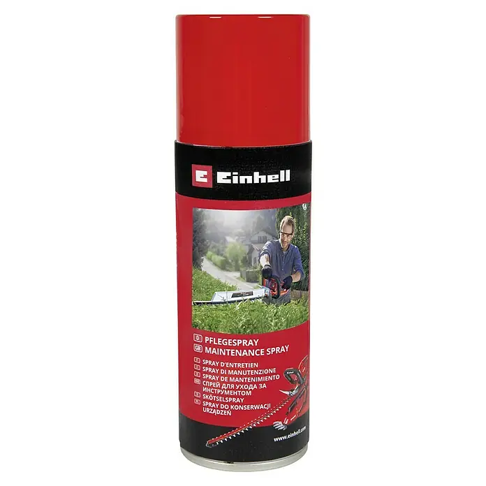 Einhell Pflegespray für Heckenscheren - 200 ml, Messer und Klingen Ihrer Gartengeräte - Einhell Pflegespray für die Wartung von Gartengeräten, dargestellt auf einer roten Spraydose.