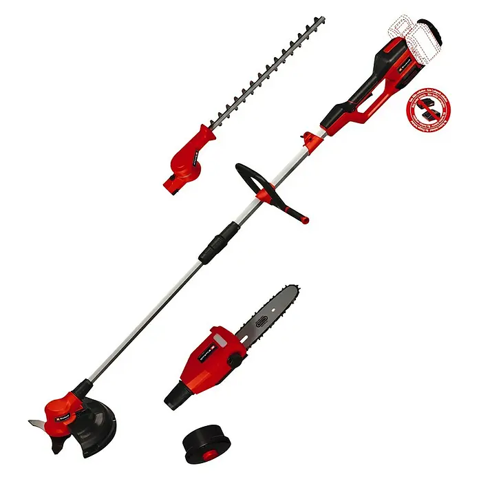 Einhell PXC 18V Multiherramienta de jardín 36VGE-LM 36/4in1 - 36 V, Iones de litio, Sin batería - Una herramienta de jardín multifuncional con varios accesorios, incluyendo un cortacésped, un cortasetos y una motosierra, ideal para jardinería.