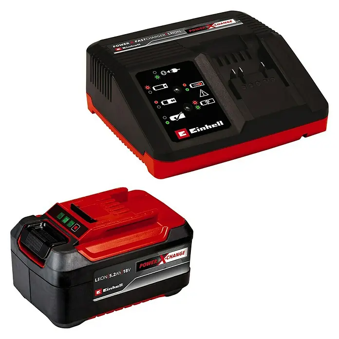 Einhell Professional Batería y cargador PLUS 18V - 18 V, 1 batería, 5,2 Ah - Se muestra una batería y un cargador Einhell Power X-Change.
