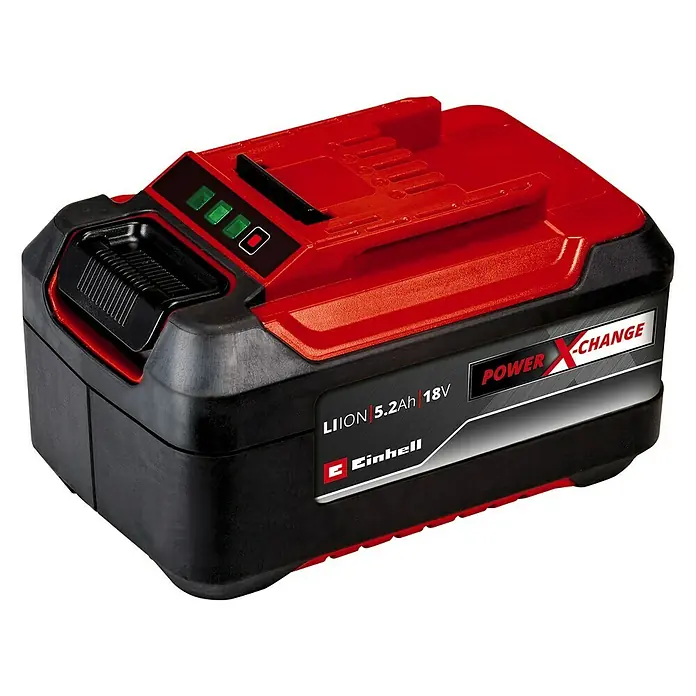 Einhell Professional Batería y cargador PLUS 18V - 18 V, 1 batería, 5,2 Ah - Una batería Einhell Power X-Change de 18V y 5,2Ah Li-ion, con indicador del nivel de carga. La batería tiene el diseño rojo y negro característico.