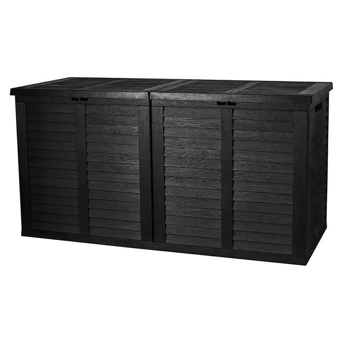 Jelenia Plast Garten-Aufbewahrungsbox XXL - L x B x H: 155 x 66 x 80 cm, Kunststoff, Anthrazit - Schwarze Outdoor-Aufbewahrungsbox mit Holzstruktur und Doppeltüren für Gartenwerkzeuge, Kissen oder Spielzeug. Ideal für den Außenbereich.