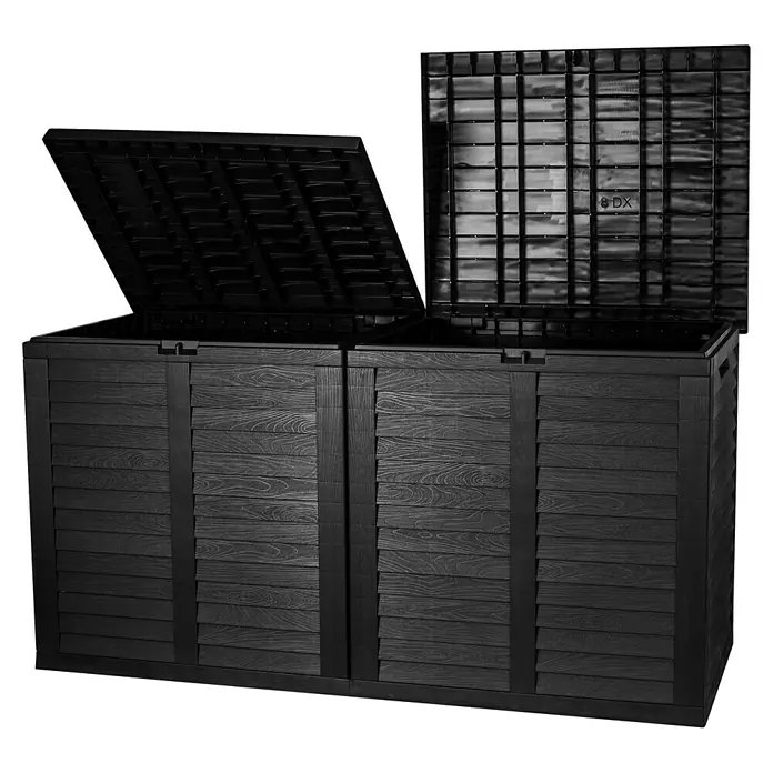 Jelenia Plast Garten-Aufbewahrungsbox XXL - L x B x H: 155 x 66 x 80 cm, Kunststoff, Anthrazit - Das Bild zeigt eine geräumige, schwarze Gartenbox mit Holzoptik und geöffnetem Deckel, ideal für die Aufbewahrung im Freien.