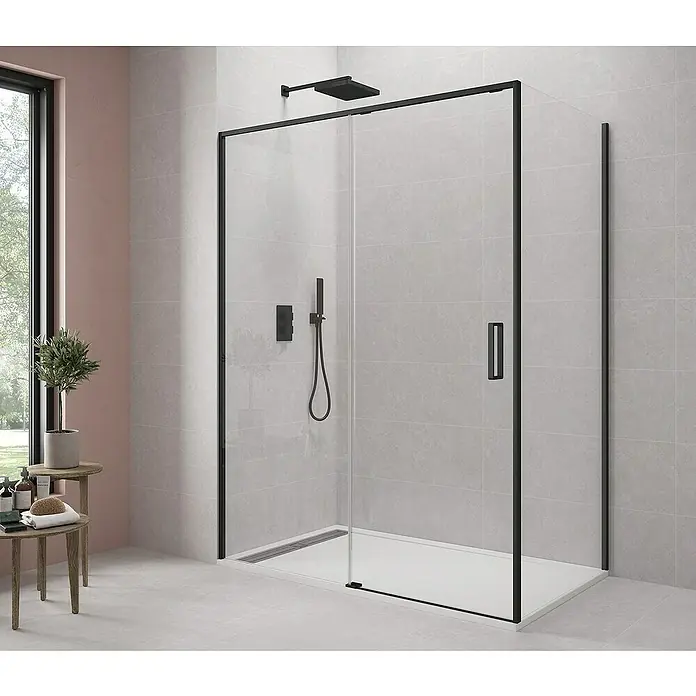 GME Mampara de ducha esquinera Twenty - L x An x Al: 80 x 120 x 195 cm, Vidrio transparente, Negro - Escena de baño con una cabina de ducha rectangular moderna, con marco negro y paneles de vidrio transparente.