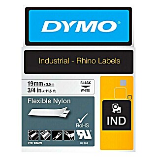 Dymo Cinta para etiquetado Rhino (L x An: 3,5 m x 19 mm, Color presión: Negro, Color cinta: Blanco, Nylon)