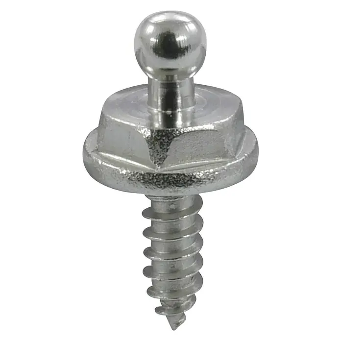 Marinetech Tornillo - Diámetro: 4,2 mm, Longitud rosca: 10 mm, Niquelado, Latón/Acero - Primer plano de un tornillo de cabeza esférica plateado con un cuerpo de tornillo bien formado sobre un fondo negro.