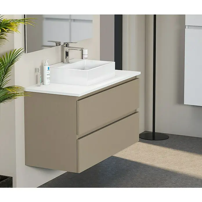 Artysan Mueble bajo de lavabo Fons - 46 x 100 x 56 cm, Fango - Baño moderno con mueble de lavabo color topo, encimera blanca y un elegante lavabo sobre encimera. Diseño elegante para tu baño.