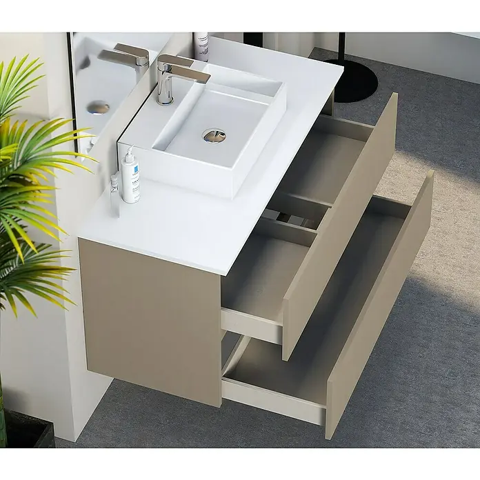 Artysan Mueble bajo de lavabo Fons - 46 x 100 x 56 cm, Fango - Mueble de lavabo moderno con cajones abiertos, ideal para baños. El diseño se caracteriza por su funcionalidad.