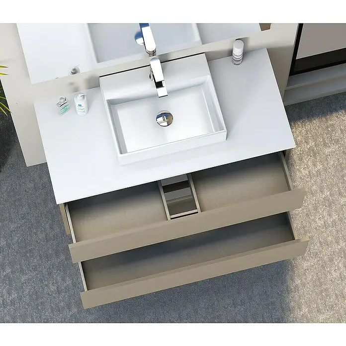 Artysan Mueble bajo de lavabo Fons - 46 x 100 x 56 cm, Fango - Moderno mueble de baño con cajones abiertos que combina espacio de almacenamiento y diseño elegante.