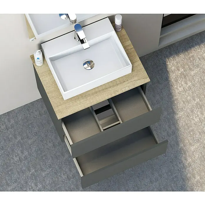 Artysan Mueble bajo de lavabo Fons - 39 x 50 x 56 cm, Antracita - Mueble de baño moderno en gris con dos cajones abiertos y encimera de madera clara con lavabo.