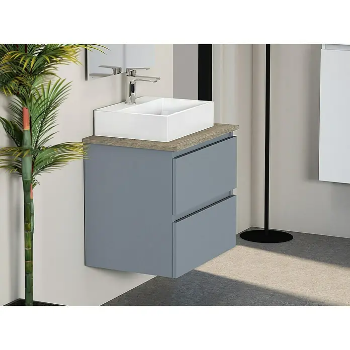 Artysan Mueble bajo de lavabo Fons - 46 x 60 x 56 cm, Azul - Mueble de baño moderno con armario gris y encimera con aspecto de madera, ofreciendo una solución de almacenamiento elegante.