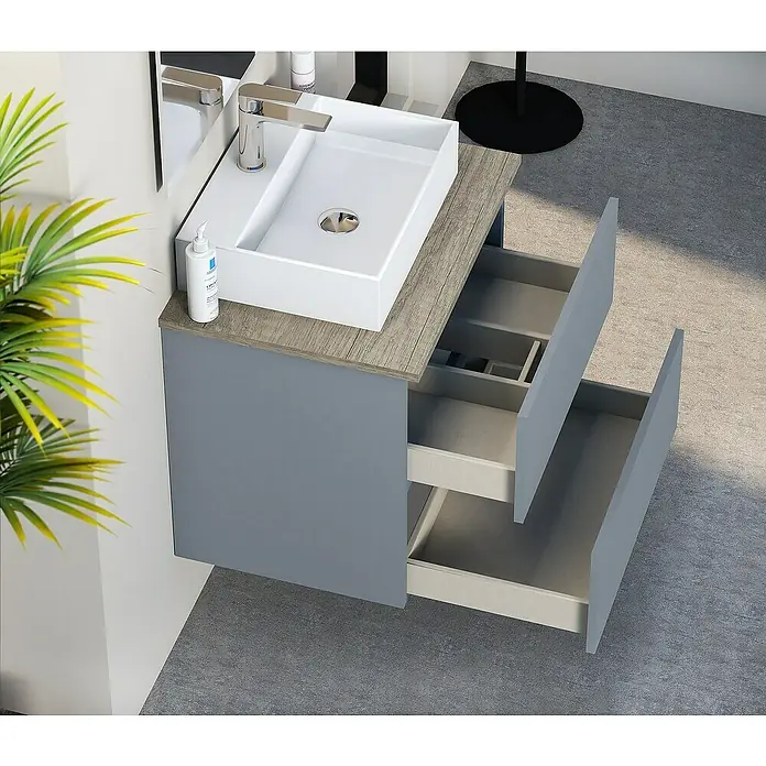 Artysan Mueble bajo de lavabo Fons - 39 x 50 x 56 cm, Azul - Lavabo moderno de baño con dos cajones abiertos y grifo. El tocador está en tonos grises y madera.