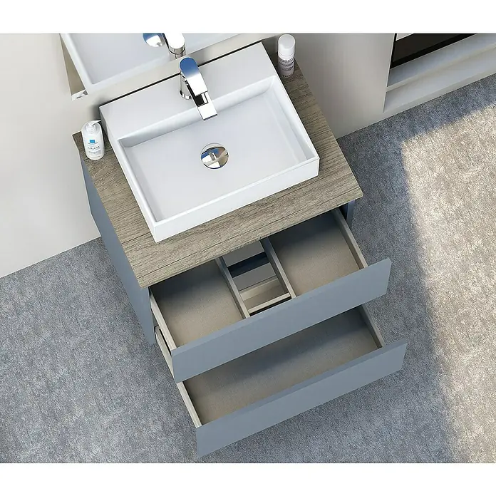 Artysan Mueble bajo de lavabo Fons - 39 x 50 x 56 cm, Azul - Mueble de baño con lavabo y dos cajones abiertos en gris claro con panel con estampado de madera.