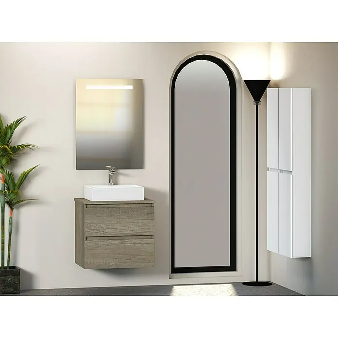 Artysan Mueble bajo de lavabo Fons - 46 x 60 x 56 cm, Nebraska - Un moderno conjunto de baño exhibe un mueble de tocador, espejo, espejo sin marco y un elegante armario torre.