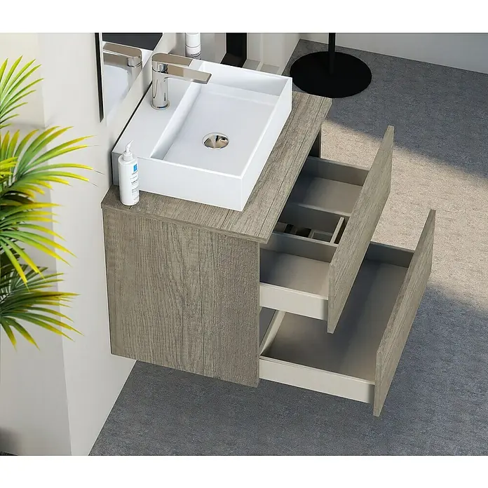 Artysan Mueble bajo de lavabo Fons - 39 x 50 x 56 cm, Nebraska - Mueble de baño moderno con lavabo y cajones abiertos en aspecto de madera, ideal para baños elegantes.
