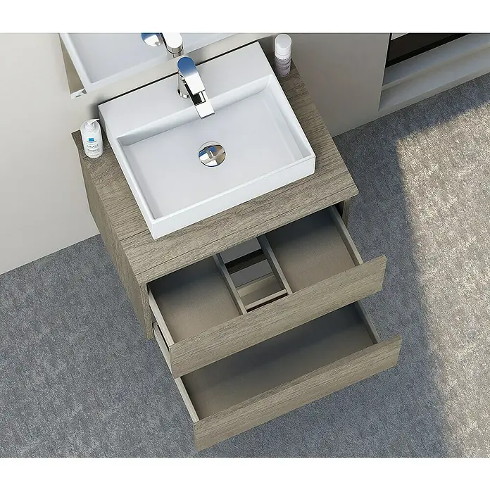 Artysan Mueble bajo de lavabo Fons - 39 x 50 x 56 cm, Nebraska - Un tocador de baño con cajones abiertos, que ofrece amplio espacio de almacenamiento. Ideal para baños modernos.
