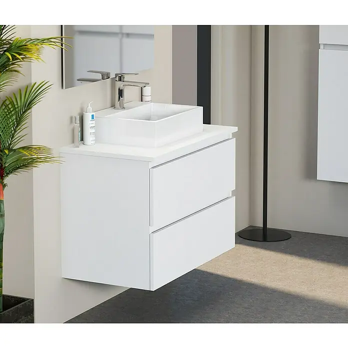 Artysan Mueble bajo de lavabo Fons - 46 x 70 x 56 cm, Blanco seda - Se presenta un moderno mueble de baño blanco con dos cajones. El lavabo sobre encimera y el grifo ofrecen un estilo elegante y contemporáneo.