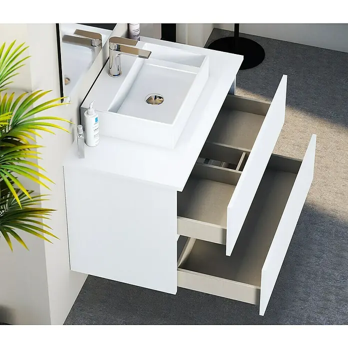 Artysan Mueble bajo de lavabo Fons - 46 x 70 x 56 cm, Blanco seda - Vista desde arriba de un tocador blanco moderno con cajones abiertos, que ofrece almacenamiento y un diseño elegante.
