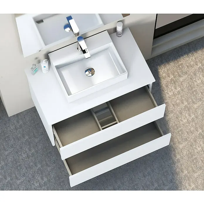 Artysan Mueble bajo de lavabo Fons - 46 x 70 x 56 cm, Blanco seda - Primer plano de un mueble de baño con lavabo blanco y dos cajones abiertos que muestran el almacenamiento. Diseño elegante con accesorios modernos.