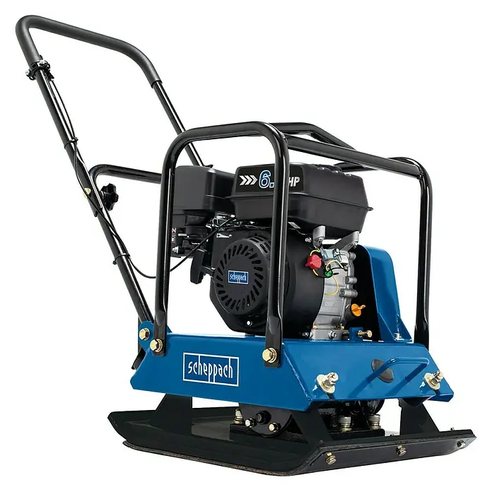 Scheppach Rüttelplatte HP 2200 S - 4,8 kW, Verdichtungsdruck: 25 kN - Bild einer Scheppach Vibrationsplatte, ideal für Verdichtungsarbeiten im Garten- und Landschaftsbau.