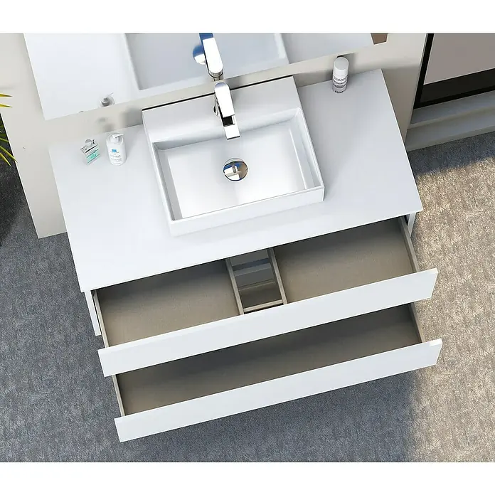 Artysan Mueble bajo de lavabo Fons - 46 x 100 x 56 cm, Blanco seda - Tocador moderno blanco con cajones abiertos que ofrecen almacenamiento y funcionalidad. Diseño elegante para el baño.