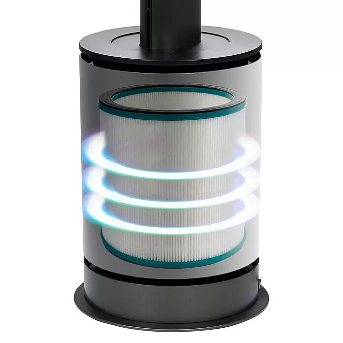 Emerio Standventilator Luftreiniger und Heizlüfter 3in1 - Raumgröße bis ca. 20 m², Dunkelgrau, Höhe: 98,6 cm - Innenansicht eines Luftreinigers mit weißem, plissiertem Zylinderfilter mit türkisen Bändern und leuchtenden blauen Reinigungsringen.