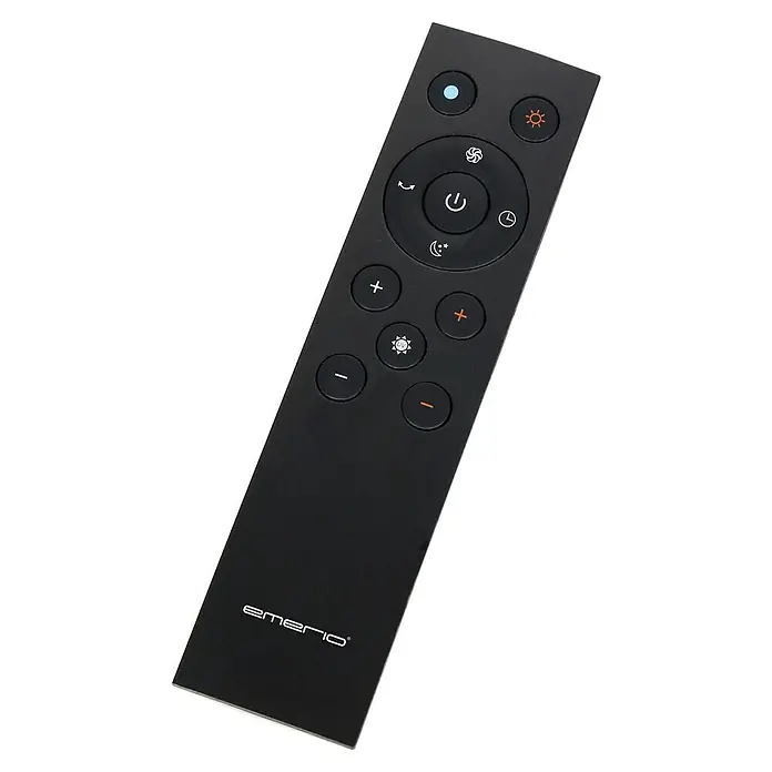 Emerio Standventilator Luftreiniger und Heizlüfter 3in1 - Raumgröße bis ca. 20 m², Dunkelgrau, Höhe: 98,6 cm - Schwarze Emerio-Fernbedienung mit verschiedenen Tasten für die Steuerung eines Geräts. Praktisches Zubehör zur einfachen Bedienung.