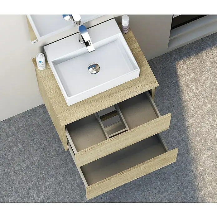 Artysan Mueble bajo de lavabo Fons - 39 x 50 x 56 cm, Nature - Toma en ángulo alto de un tocador con dos cajones abiertos, combinando almacenamiento y funcionalidad.