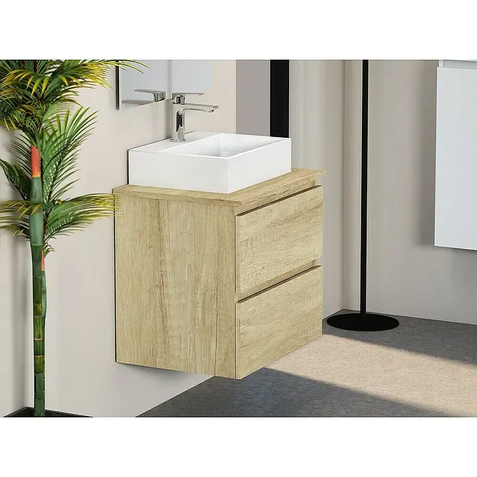 Artysan Mueble bajo de lavabo Fons - 46 x 60 x 56 cm, Nature - La imagen muestra un tocador de baño moderno con un mueble de madera y un lavabo sobre encimera blanco. El tocador tiene dos cajones y un grifo elegante.