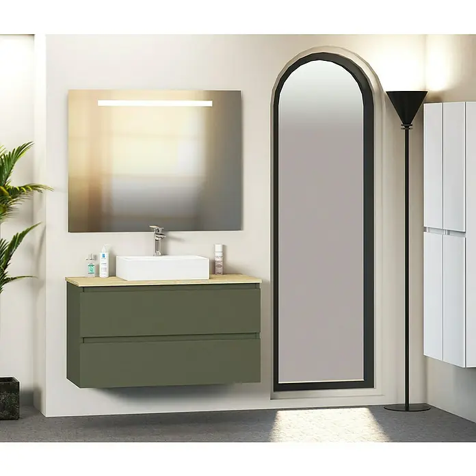 Artysan Mueble bajo de lavabo Fons - 46 x 100 x 56 cm, Musgo - Elegante conjunto de baño con mueble bajo lavabo verde, lavabo de encimera y espejo iluminado. Aspecto moderno gracias a los muebles de baño esbeltos.