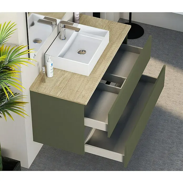 Artysan Mueble bajo de lavabo Fons - 46 x 100 x 56 cm, Musgo - Vista detallada de un mueble de baño moderno con lavabo, sistema de cajones abiertos y diseño minimalista.