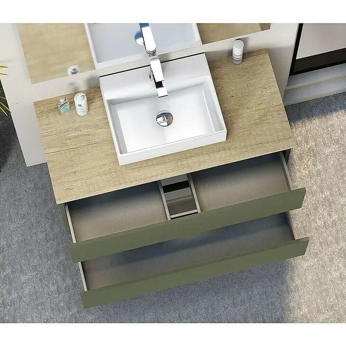 Artysan Mueble bajo de lavabo Fons - 46 x 100 x 56 cm, Musgo - Mueble de baño moderno con sistema de cajones abiertos y lavabo sobre encimera para un ambiente de baño elegante.