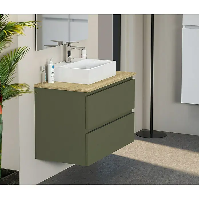 Artysan Mueble bajo de lavabo Fons - 46 x 80 x 56 cm, Musgo - Baño moderno con mueble bajo lavabo verde oliva y un elegante lavabo sobre encimera.