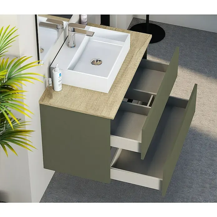 Artysan Mueble bajo de lavabo Fons - 46 x 80 x 56 cm, Musgo - Moderno tocador de baño con sistema de cajones abiertos y tapa de madera. El diseño sencillo se integra en el baño.