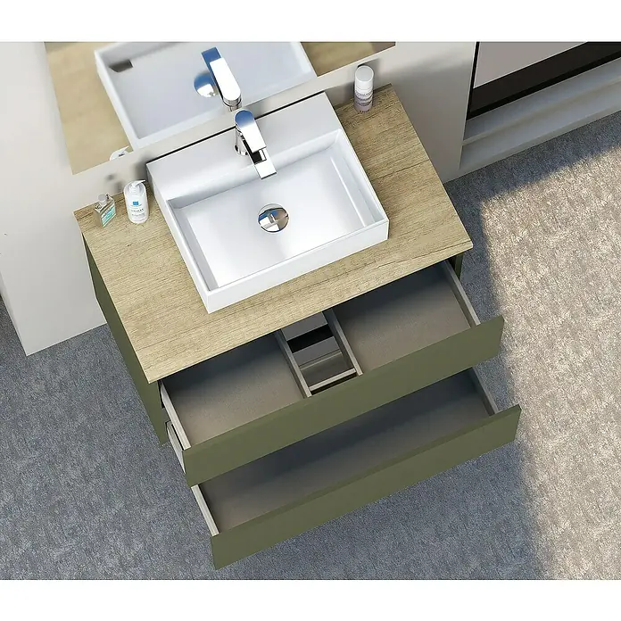 Artysan Mueble bajo de lavabo Fons - 46 x 80 x 56 cm, Musgo - Imagen de un moderno tocador de baño con sistema de cajones abiertos y lavabo sobre encimera.