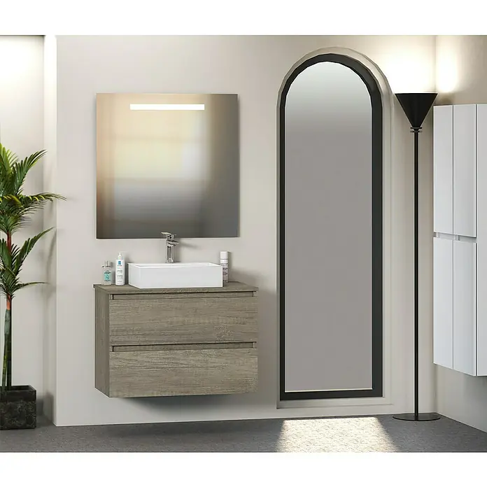 Artysan Mueble bajo de lavabo Fons - 46 x 80 x 56 cm, Nebraska - Interior de baño moderno con un tocador gris, un lavabo rectangular y un espejo iluminado.