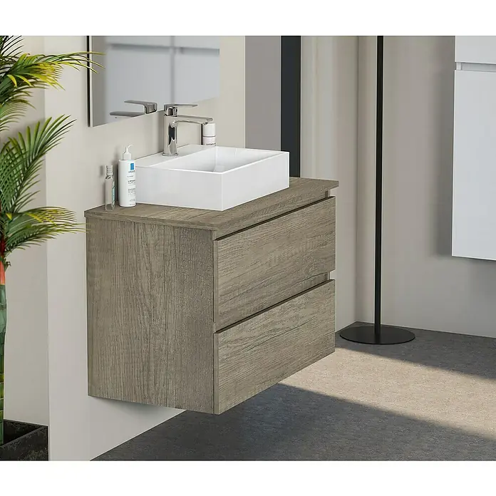 Artysan Mueble bajo de lavabo Fons - 46 x 80 x 56 cm, Nebraska - Configuración de baño moderna con lavabo, mueble de madera con dos cajones y grifo.