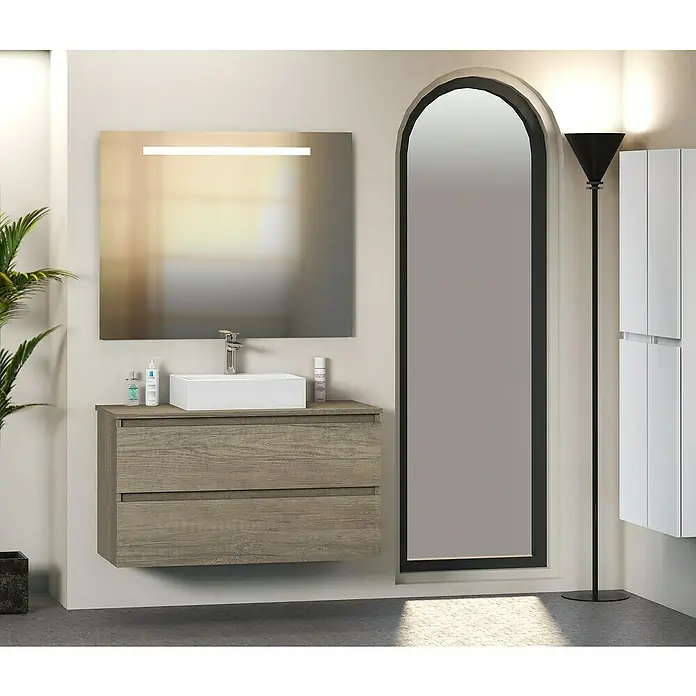 Artysan Mueble bajo de lavabo Fons - 46 x 90 x 56 cm, Nebraska - Interior de baño elegante con un moderno mueble de lavabo con aspecto de madera, lavabo rectangular sobre encimera y espejo elegante.