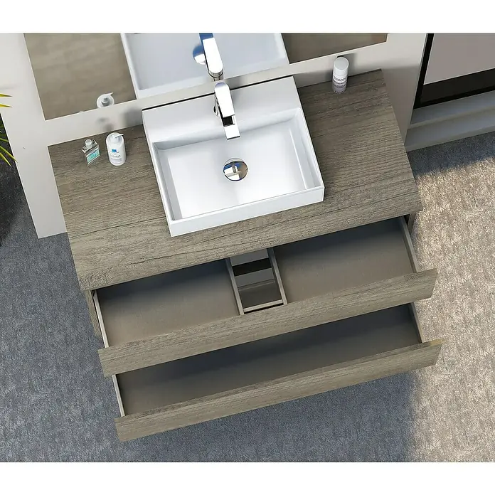 Artysan Mueble bajo de lavabo Fons - 46 x 90 x 56 cm, Nebraska - Un moderno conjunto de tocador con sistema de cajones abiertos y un elegante lavabo sobre encimera rectangular.