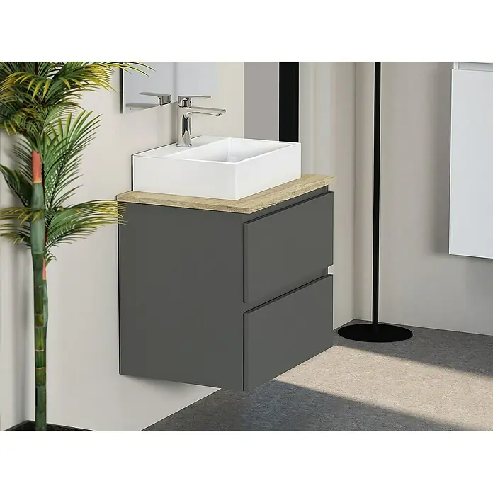 Artysan Mueble bajo de lavabo Fons - 46 x 60 x 56 cm, Antracita - Un moderno mueble de baño gris con lavabo cuadrado y encimera de madera, perfecto para baños elegantes.