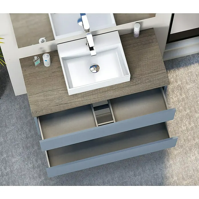 Artysan Mueble bajo de lavabo Fons - 46 x 90 x 56 cm, Azul - Lavabo de baño moderno con dos cajones abiertos, presentando una solución de baño elegante y funcional.
