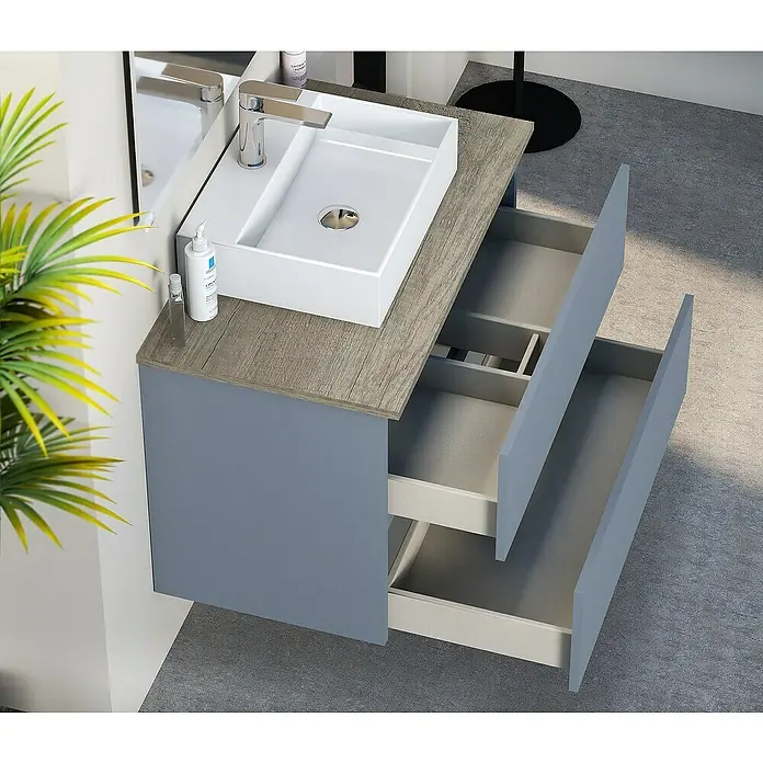 Artysan Mueble bajo de lavabo Fons - 46 x 70 x 56 cm, Azul - Moderno lavabo de baño con dos cajones en gris y efecto madera. Diseño elegante para tu baño.